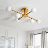 Mid-Century 6-Light Opal Glass Globe Linear Semi Flush Mount