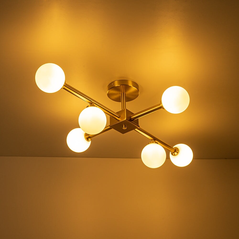 Mid-Century 6-Light Opal Glass Globe Linear Semi Flush Mount