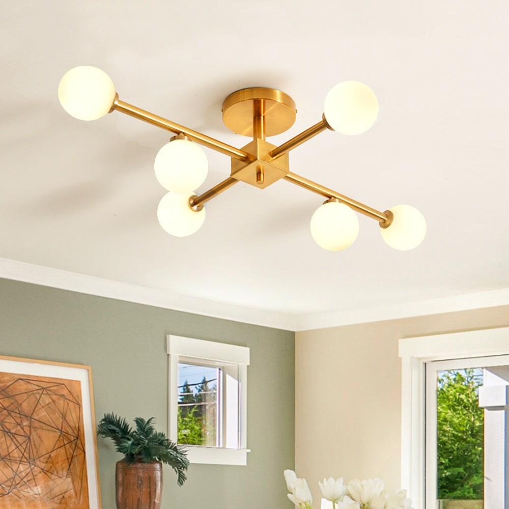 Mid-Century 6-Light Opal Glass Globe Linear Semi Flush Mount