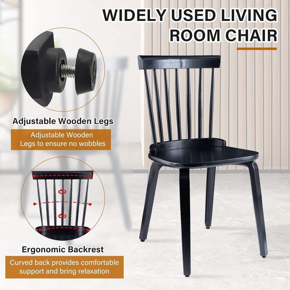 Mid-Century Country Style Wood Dining Chairs Farmhouse Design with Spindle Back (Set of 2)