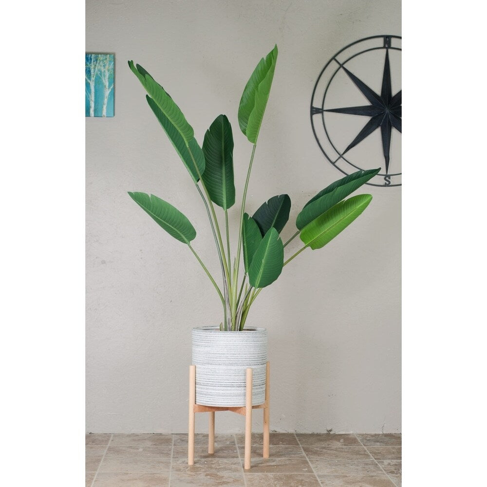 Mid Century Large Ceramic Planter Grey With Wood Stand 13" Natural