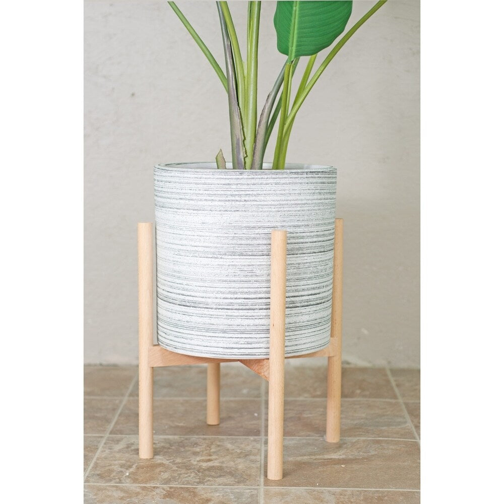 Mid Century Large Ceramic Planter Grey With Wood Stand 13" Natural