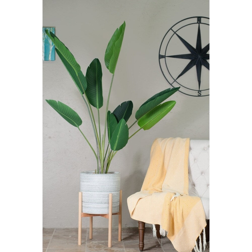 Mid Century Large Ceramic Planter Grey With Wood Stand 13" Natural
