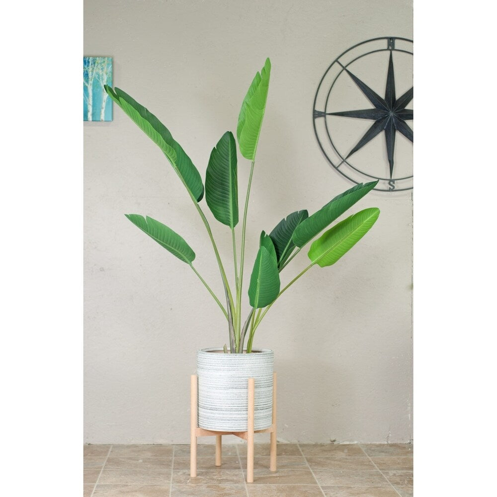 Mid Century Large Ceramic Planter Grey With Wood Stand 13" Natural