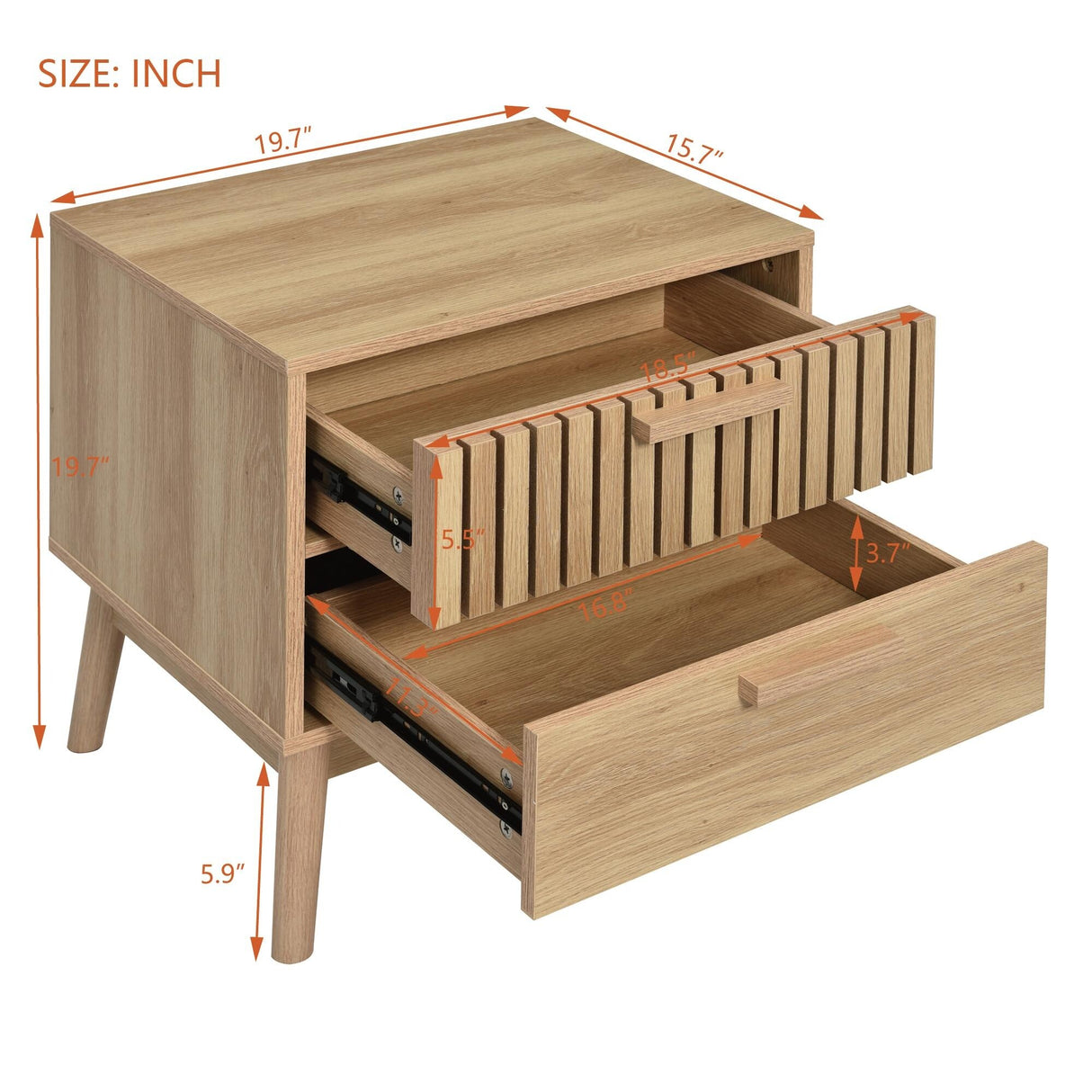 Mid Century Modern 2-Drawer Nightstand with Rubber Wood Legs