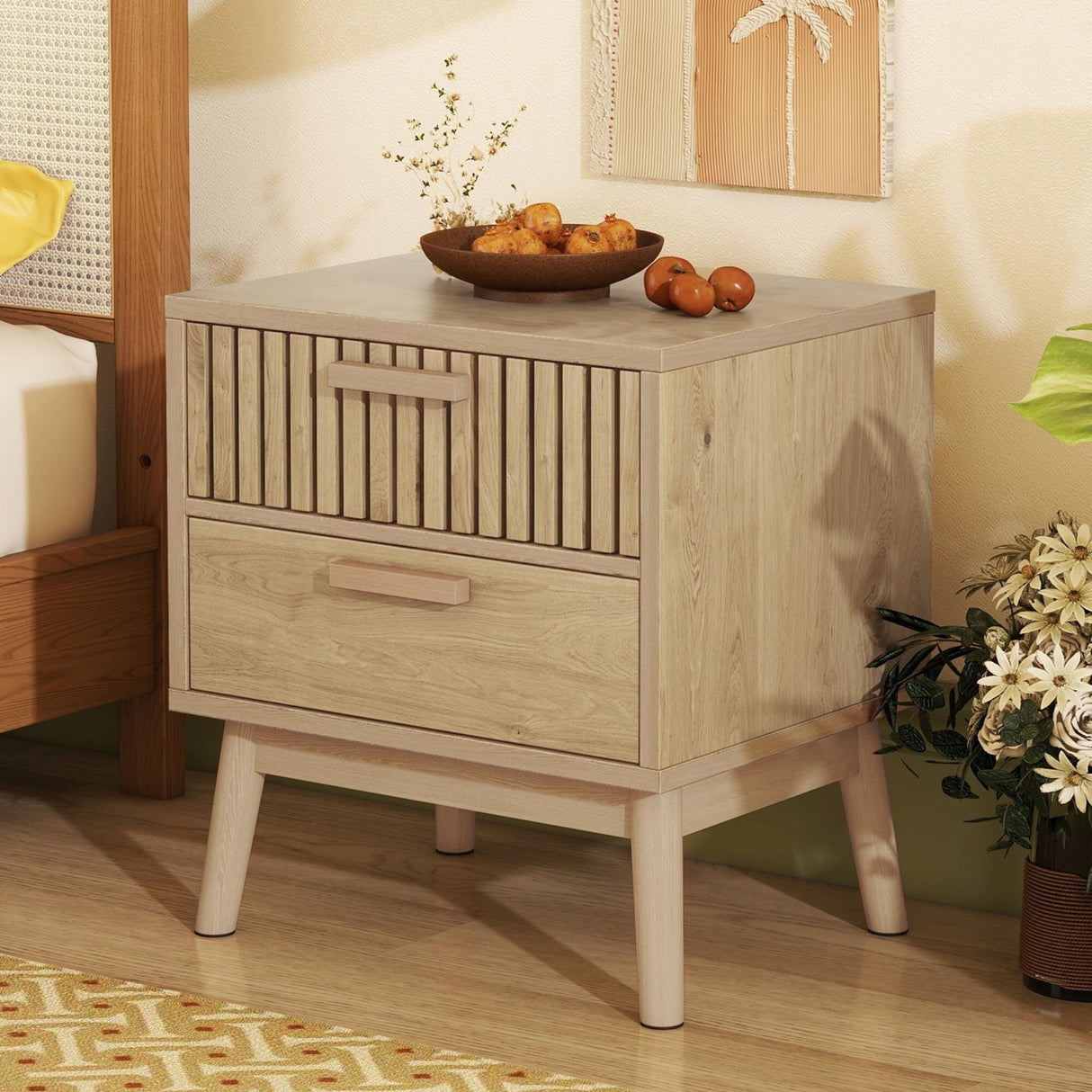 Mid Century Modern 2-Drawer Nightstand with Rubber Wood Legs