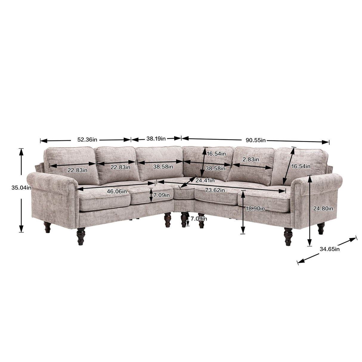 Mid-Century Modern 3-piece Modular L-Shape Sectional Sofa