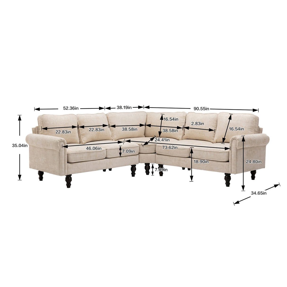 Mid-Century Modern 3-piece Modular L-Shape Sectional Sofa