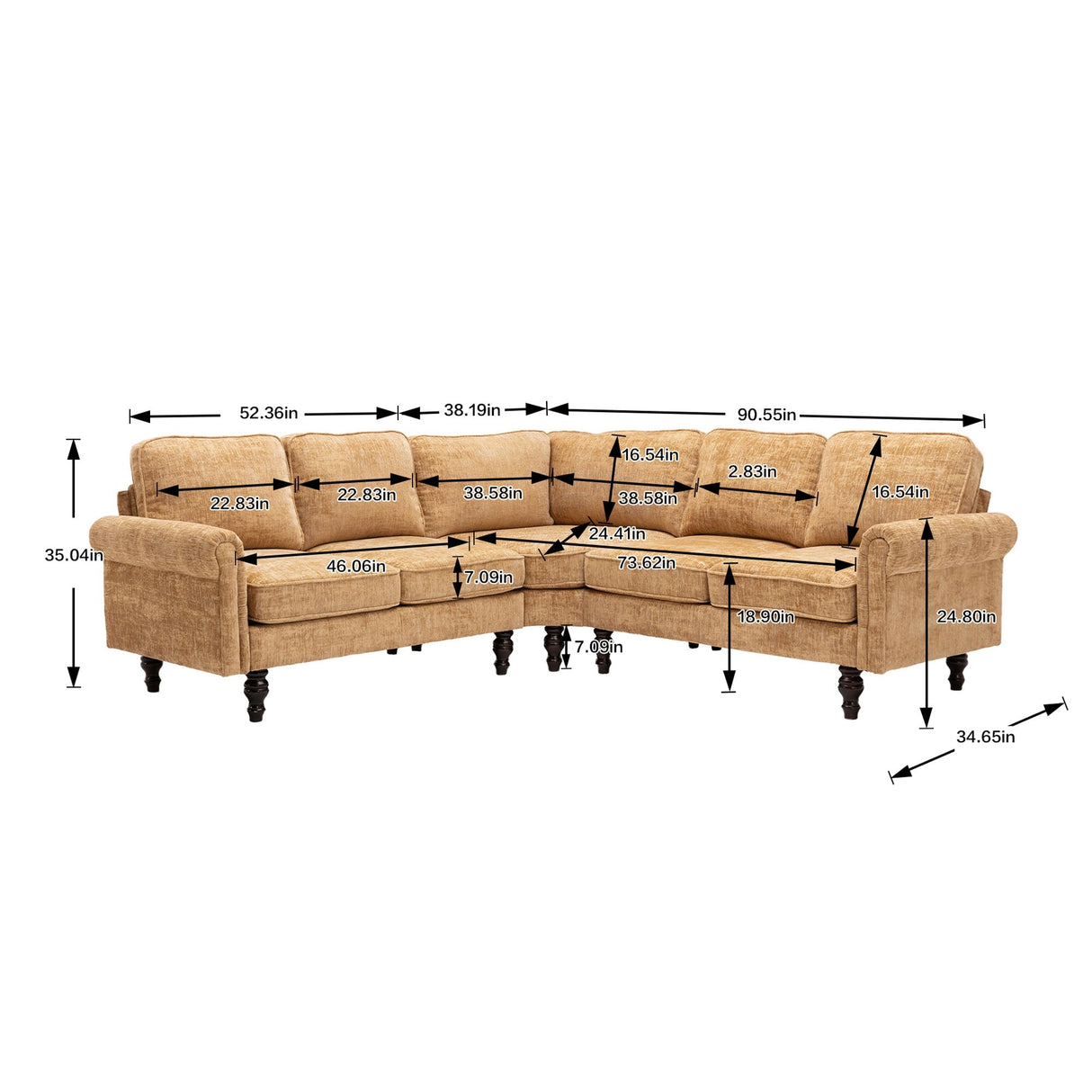 Mid-Century Modern 3-piece Modular L-Shape Sectional Sofa