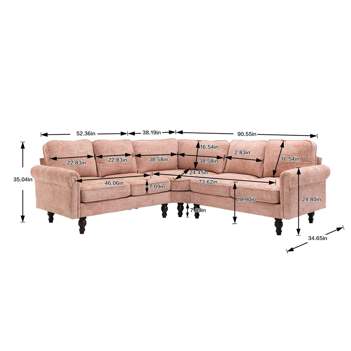 Mid-Century Modern 3-piece Modular L-Shape Sectional Sofa