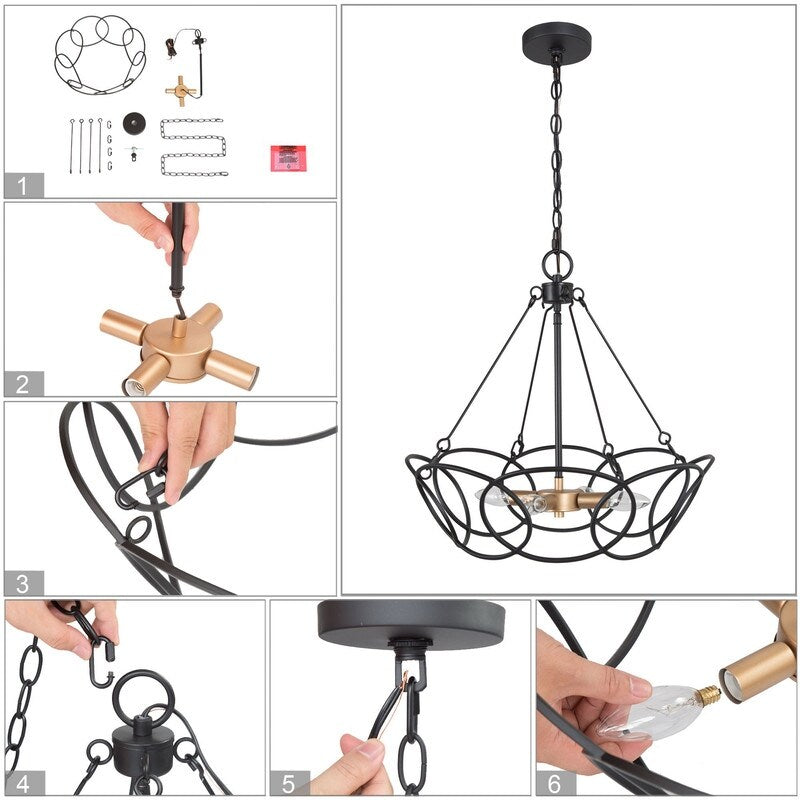 Modern Farmhouse 4-Light Round Black Chandelier for Dining Room - 19.5" D x 20" H