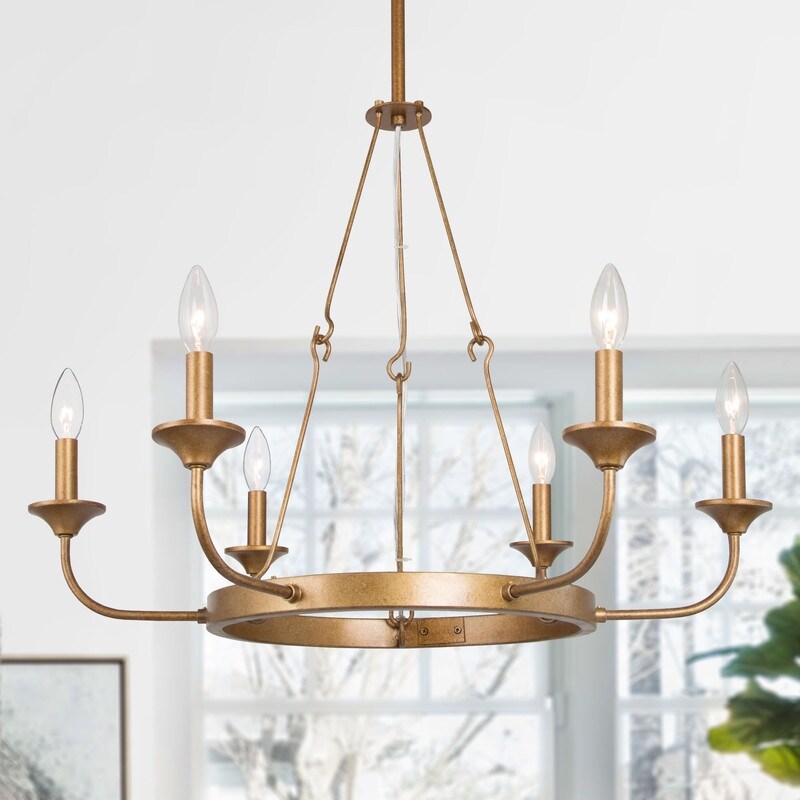 Mid-Century Modern 6-Light Gold Wagon Wheel Chandelier for Dining Room - 27.5"D x 27.5"H