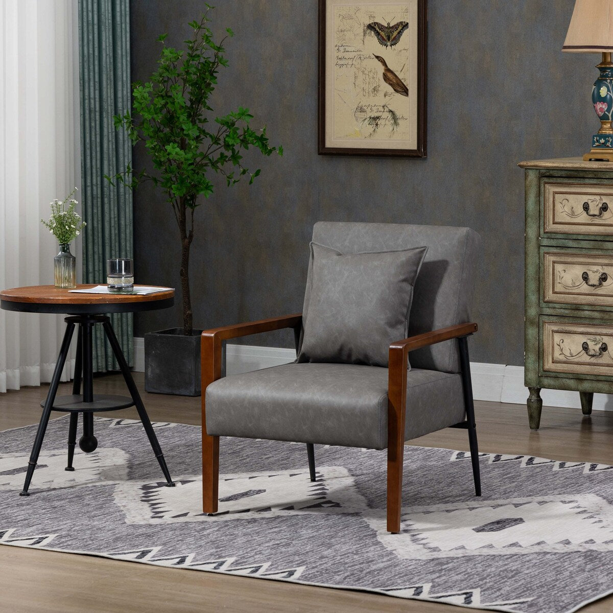 Mid-Century Modern Accent Chair with Solid Wood Armrest