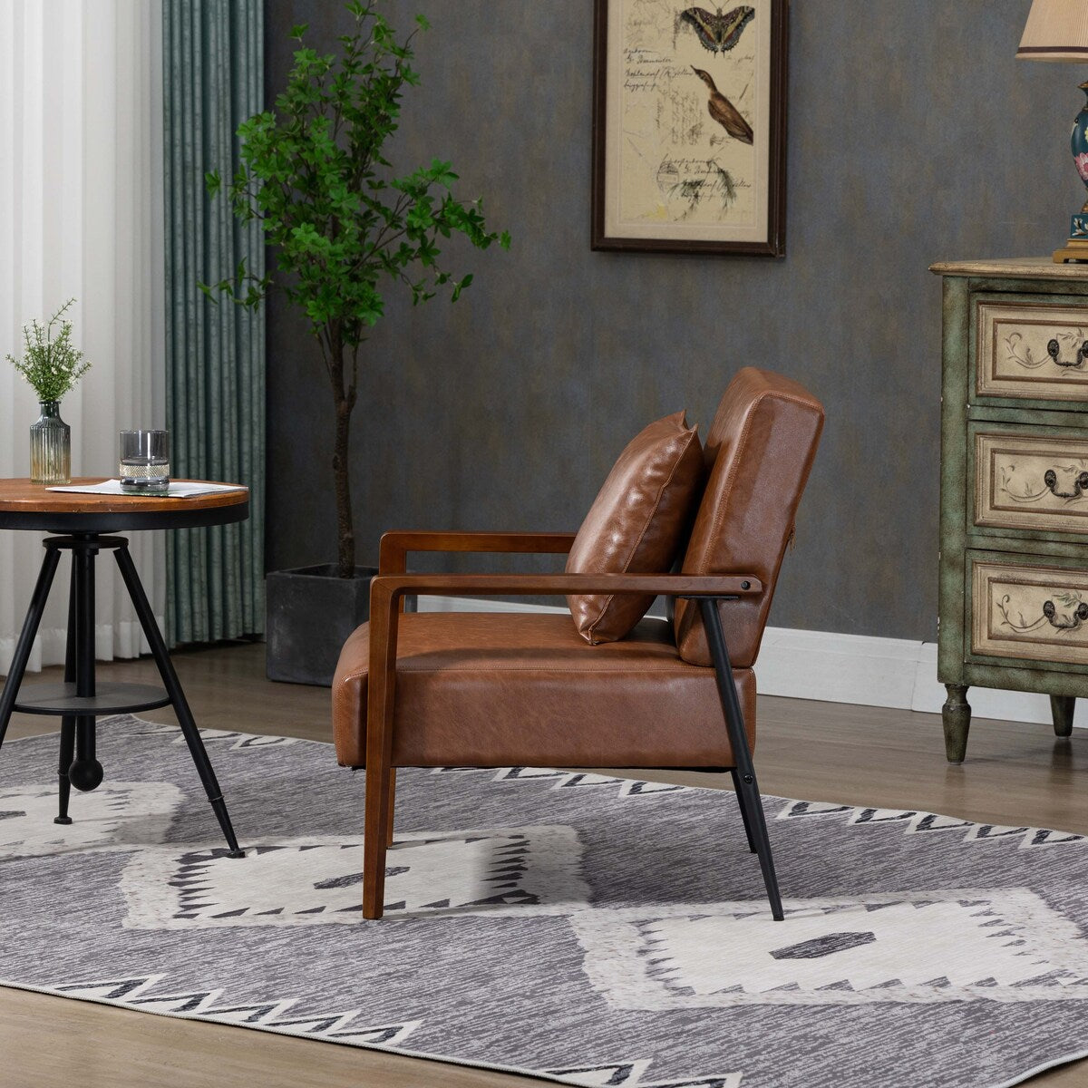 Mid-Century Modern Accent Chair with Solid Wood Armrest