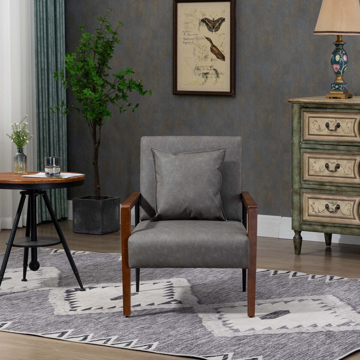 Mid-Century Modern Accent Chair with Solid Wood Armrest