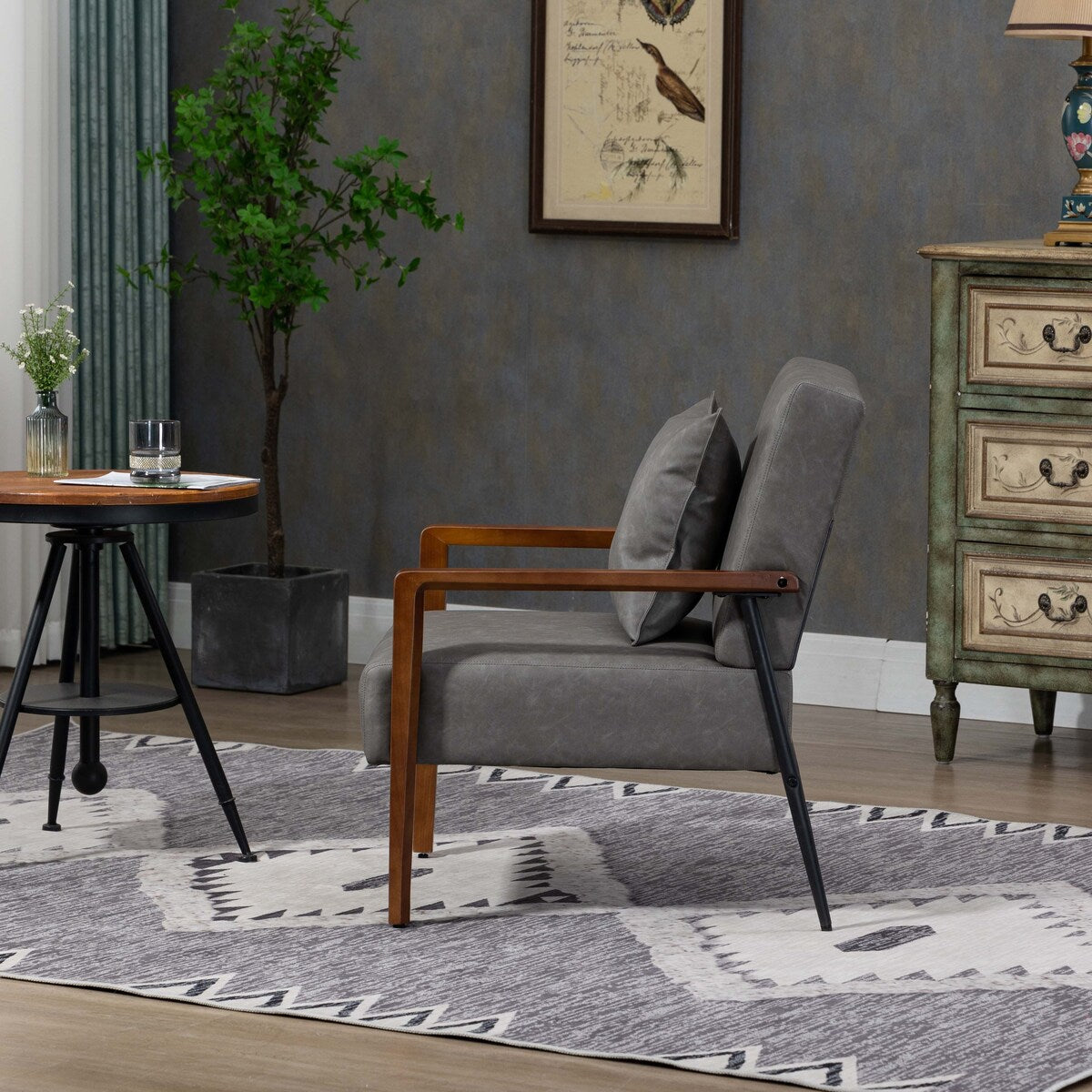 Mid-Century Modern Accent Chair with Solid Wood Armrest