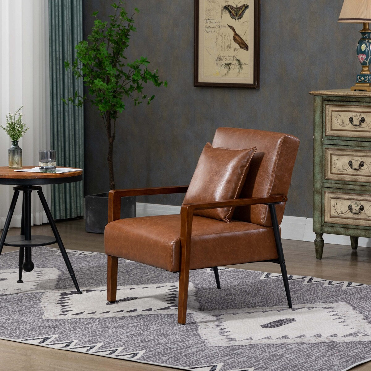 Mid-Century Modern Accent Chair with Solid Wood Armrest
