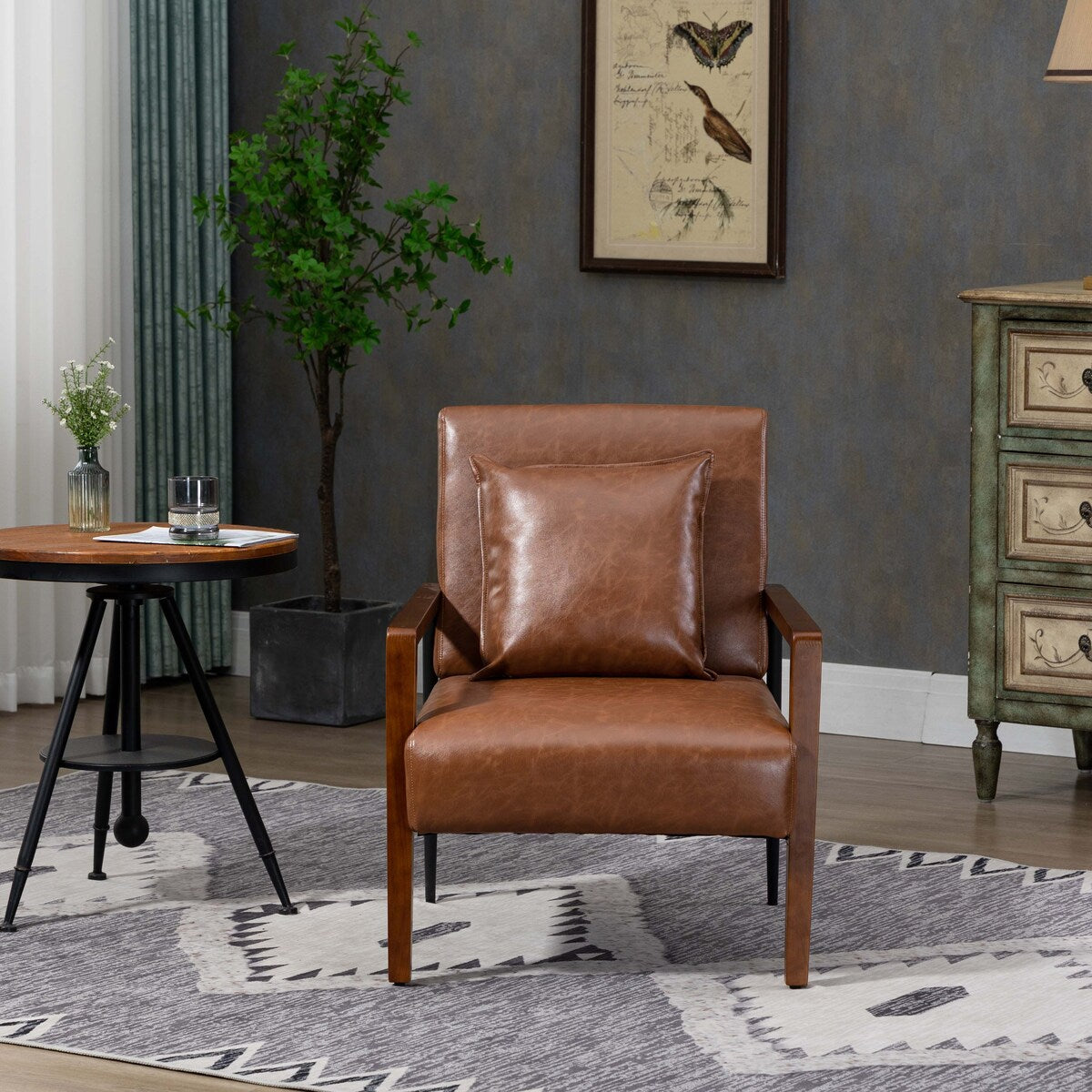 Mid-Century Modern Accent Chair with Solid Wood Armrest