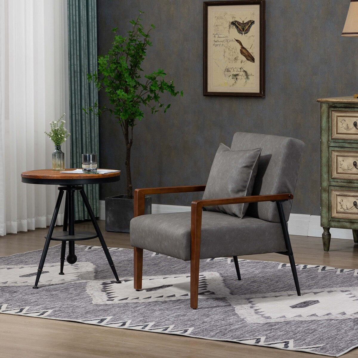 Mid-Century Modern Accent Chair with Solid Wood Armrest