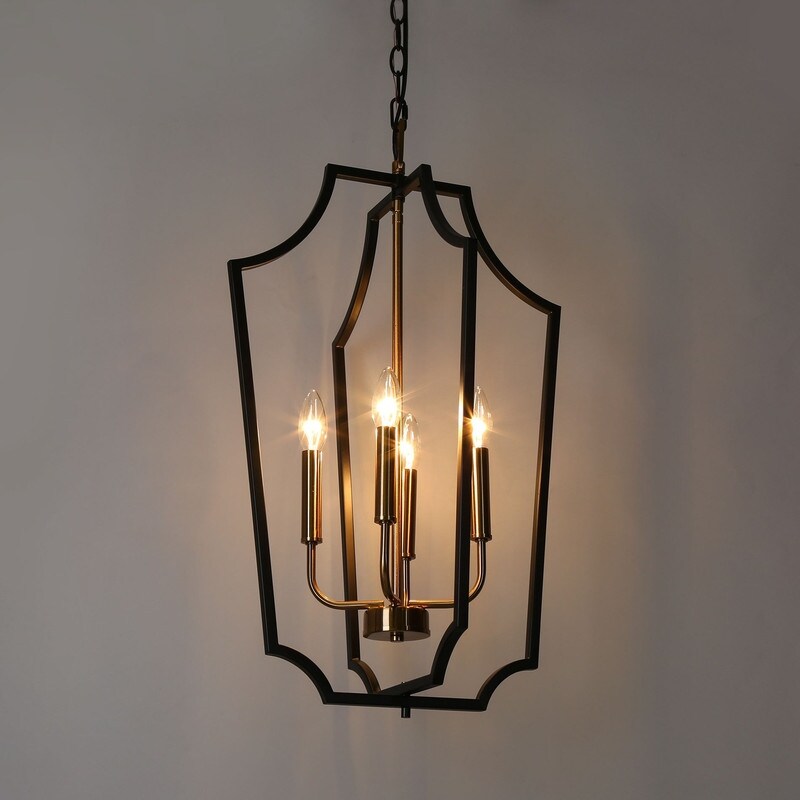 Modern Farmhouse Black Gold 4-Light Cage Chandelier Lantern Pendant Light for Dining Room - 15.5" D x 26" H