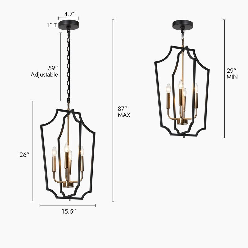 Modern Farmhouse Black Gold 4-Light Cage Chandelier Lantern Pendant Light for Dining Room - 15.5" D x 26" H