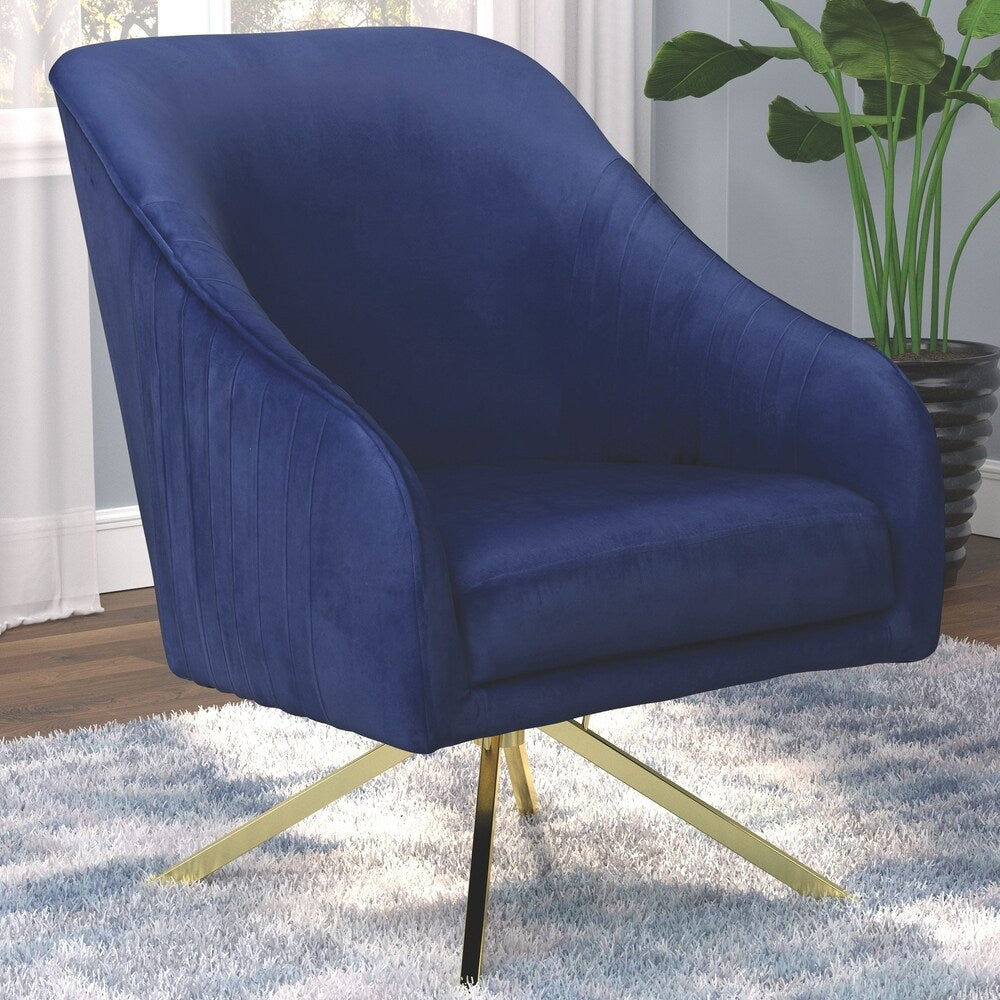 Mid-Century Modern Blue Velvet and Brass Swivel Living Room Accent Chair