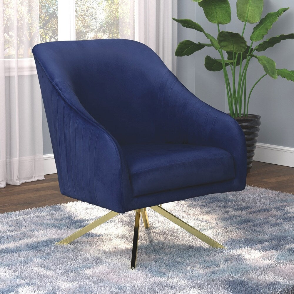 Mid-Century Modern Blue Velvet and Brass Swivel Living Room Accent Chair