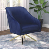Mid-Century Modern Blue Velvet and Brass Swivel Living Room Accent Chair