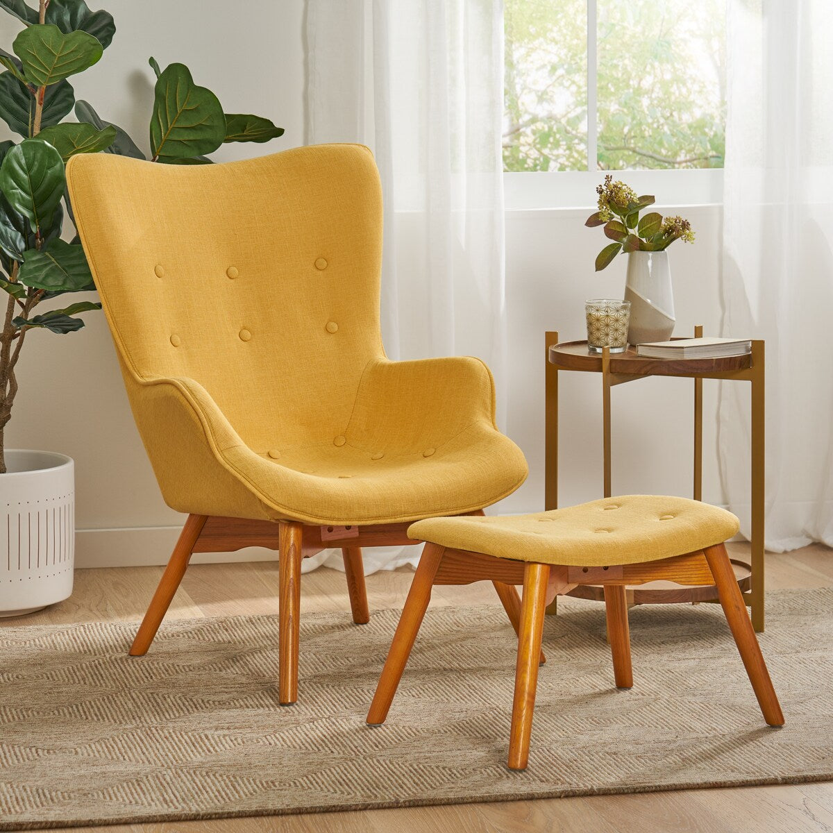 Mid-Century Modern Button-tufted Single Sofa Accent Chair with Ottoman