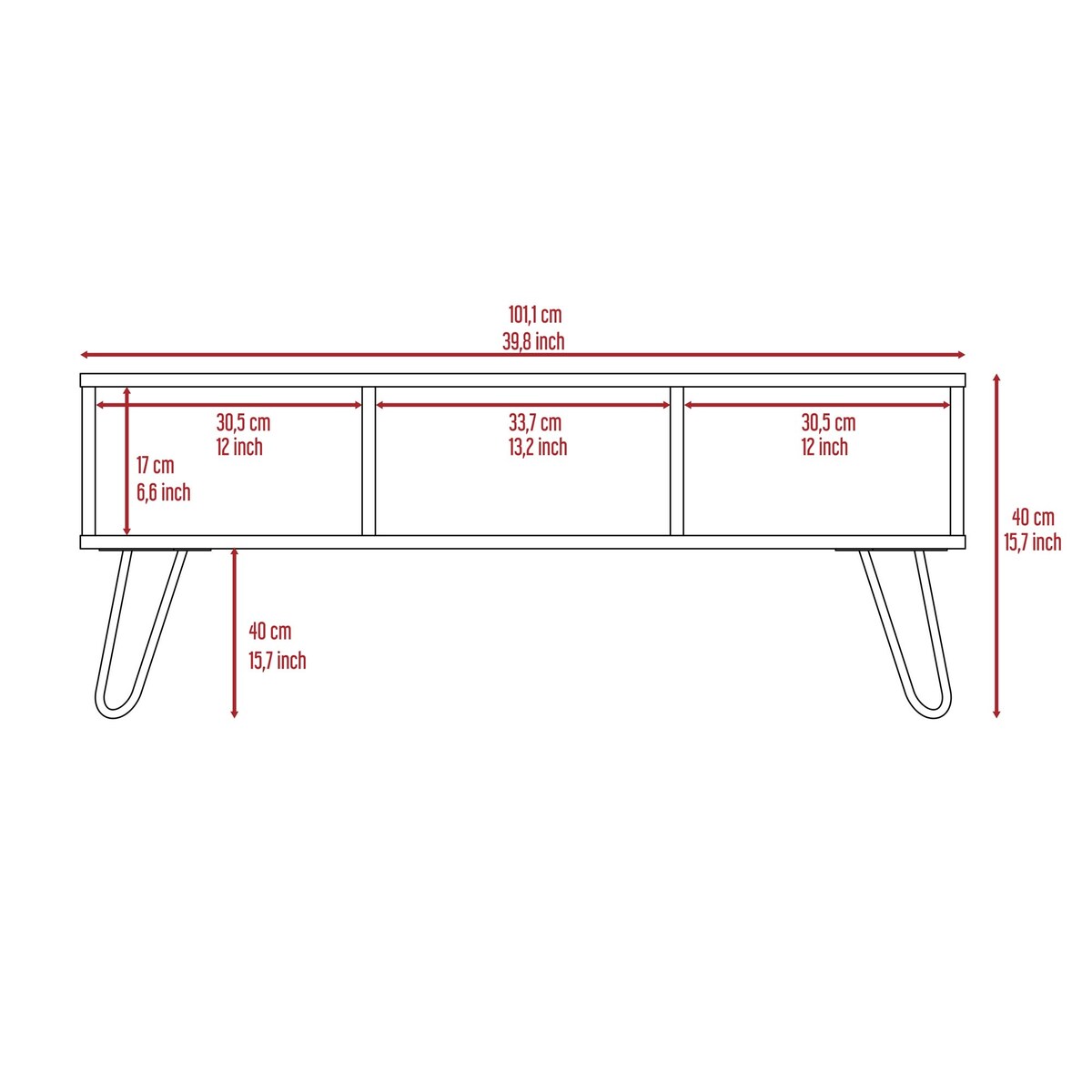Mid-Century Modern Coffee Table with 3 Shelves,Metal Legs
