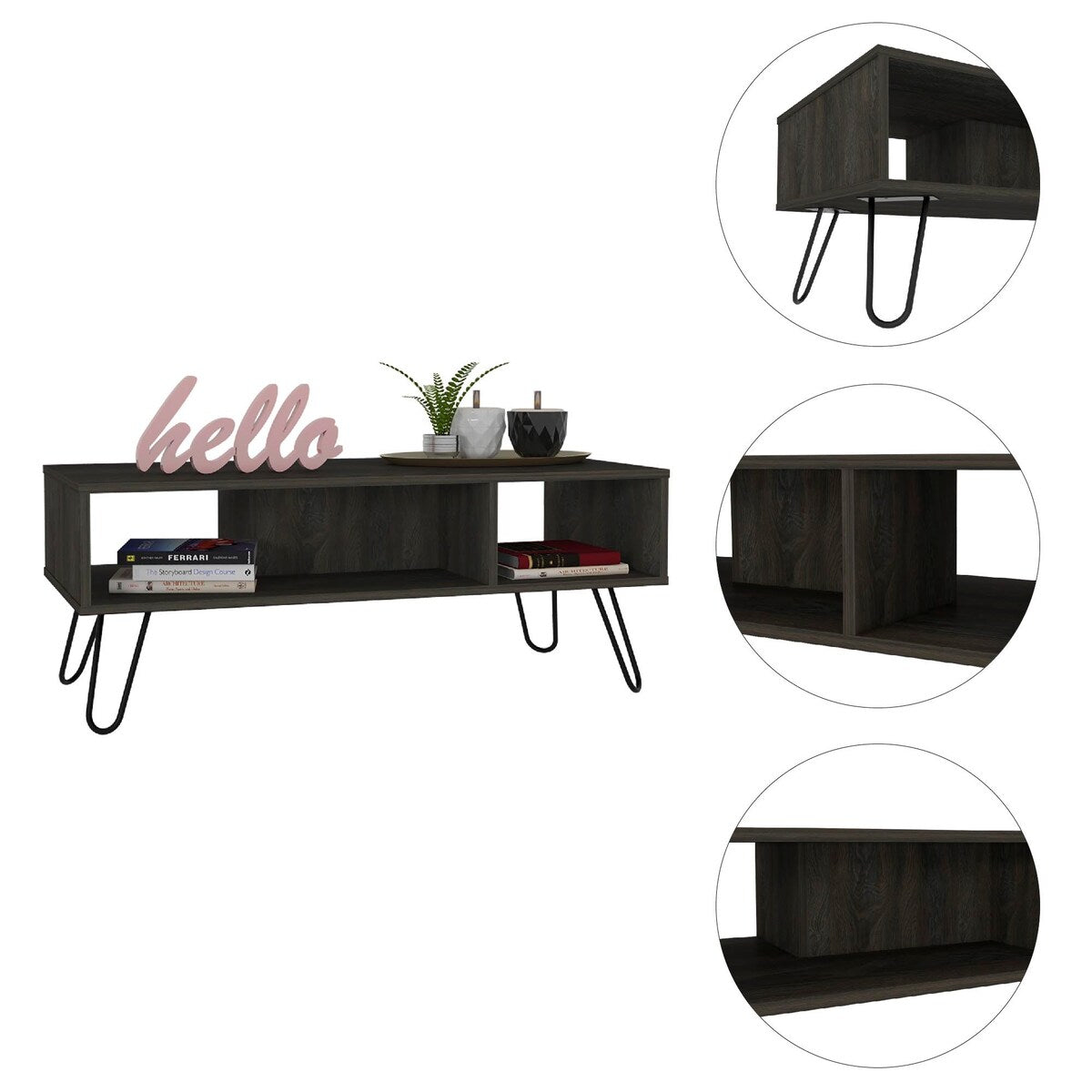 Mid-Century Modern Coffee Table with 3 Shelves,Metal Legs