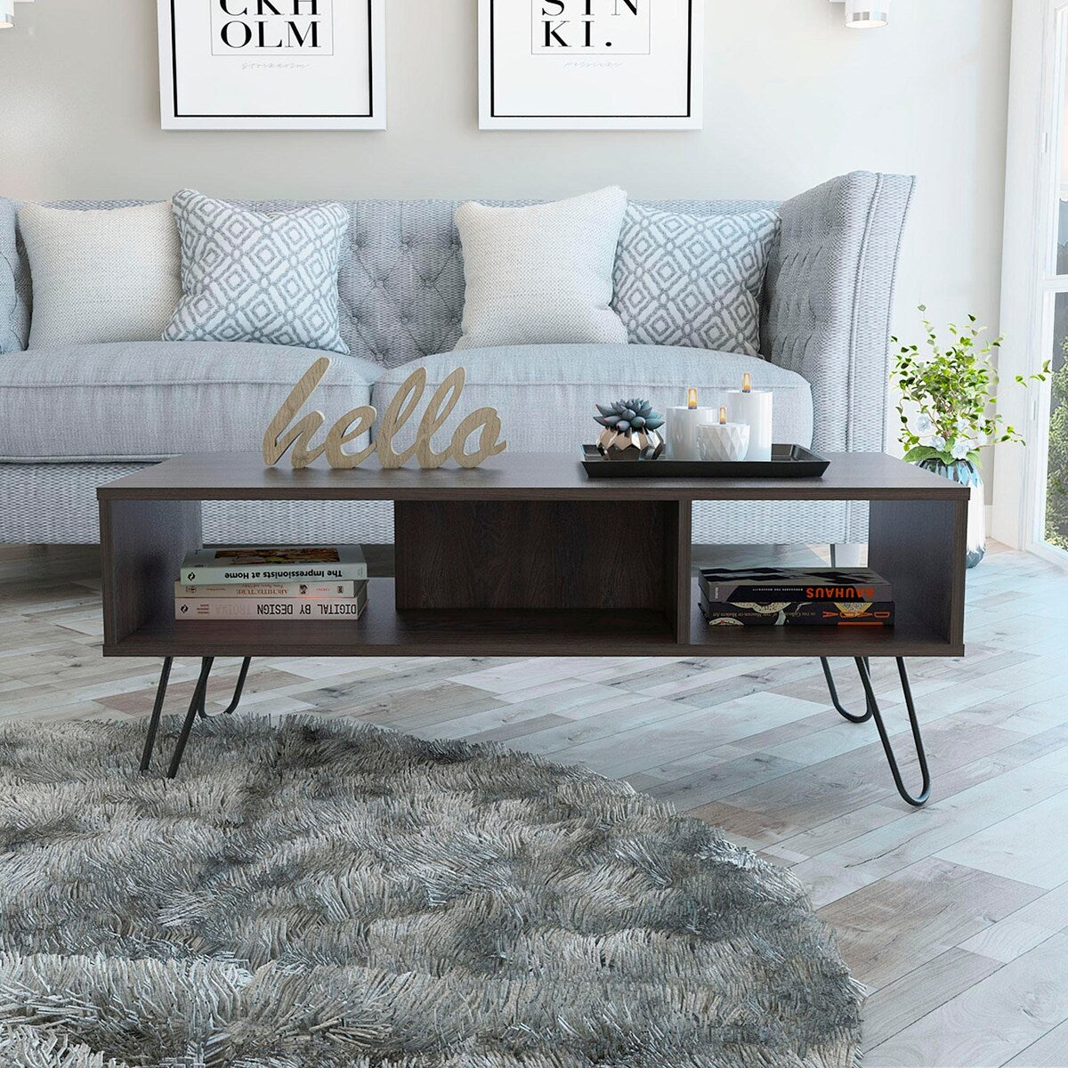Mid-Century Modern Coffee Table with 3 Shelves,Metal Legs