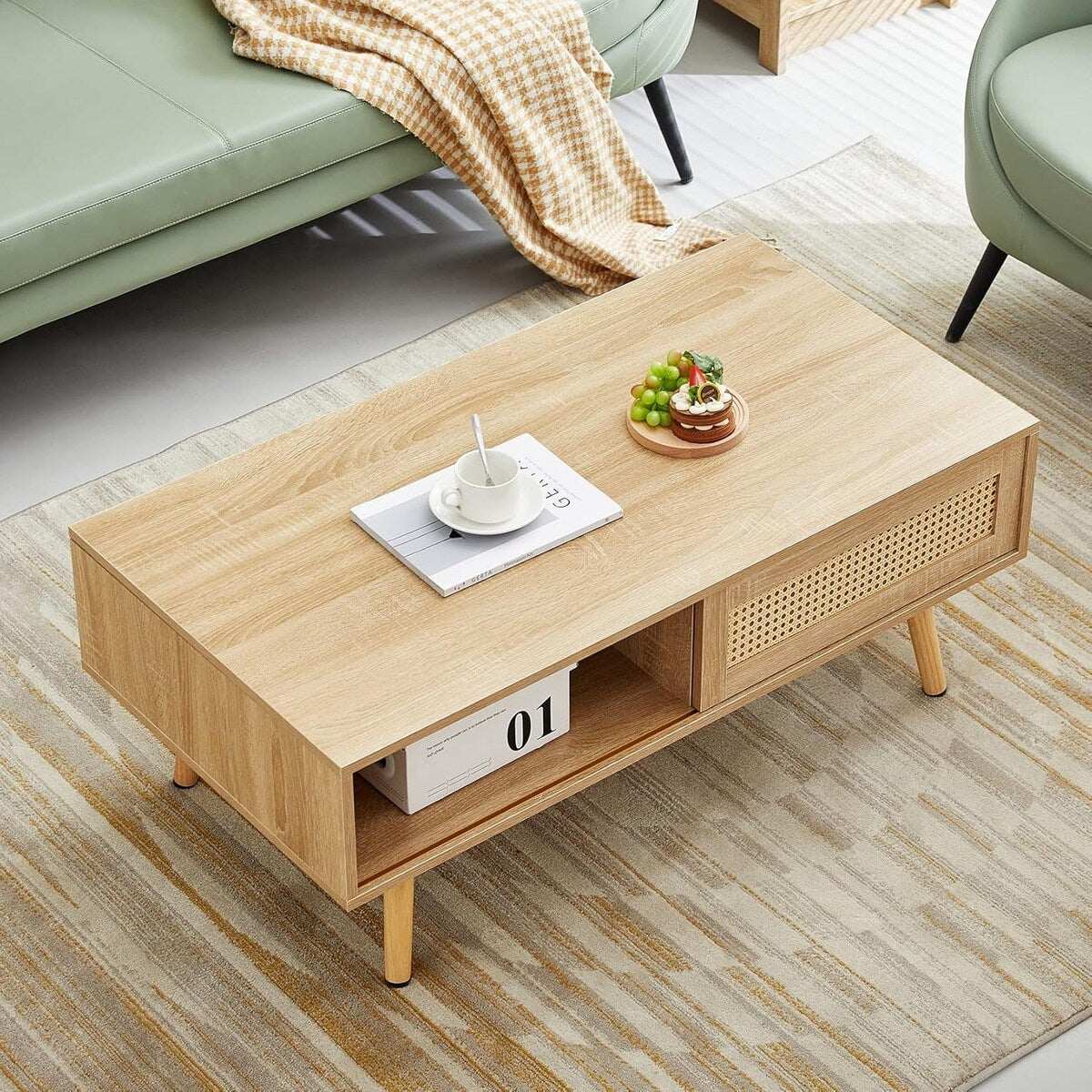 Mid Century Modern Coffee Table with Storage 41.3 Inch Rectangle Wood