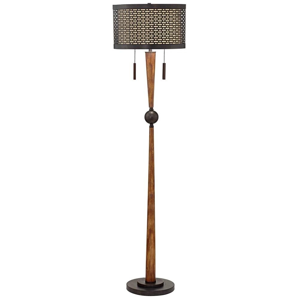 Mid Century Modern Floor Lamp Cherry Wood Perforated Metal Shade - 16" x 64"