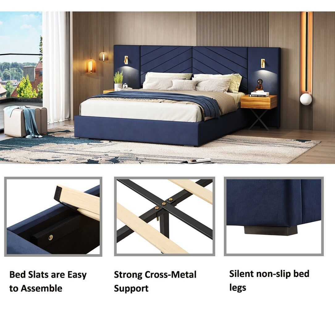 Mid-Century Modern King Size Velvet Bed Frame Platform Bed Upholstered Bed