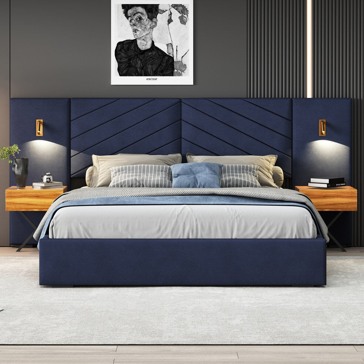 Mid-Century Modern King Size Velvet Bed Frame Platform Bed Upholstered Bed