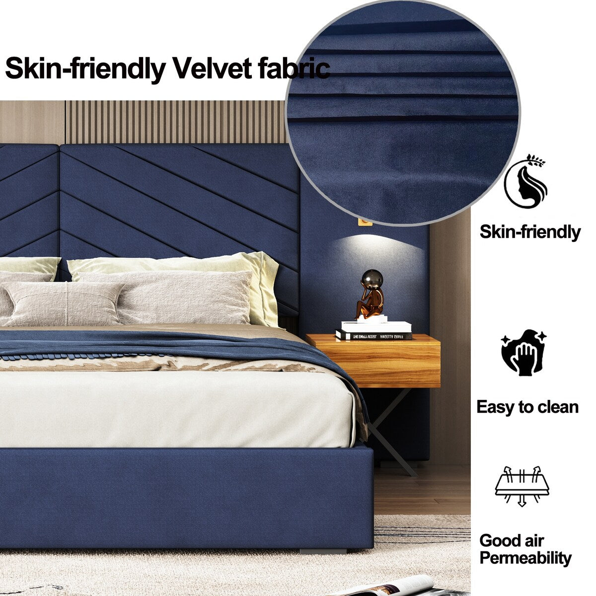Mid-Century Modern King Size Velvet Bed Frame Platform Bed Upholstered Bed