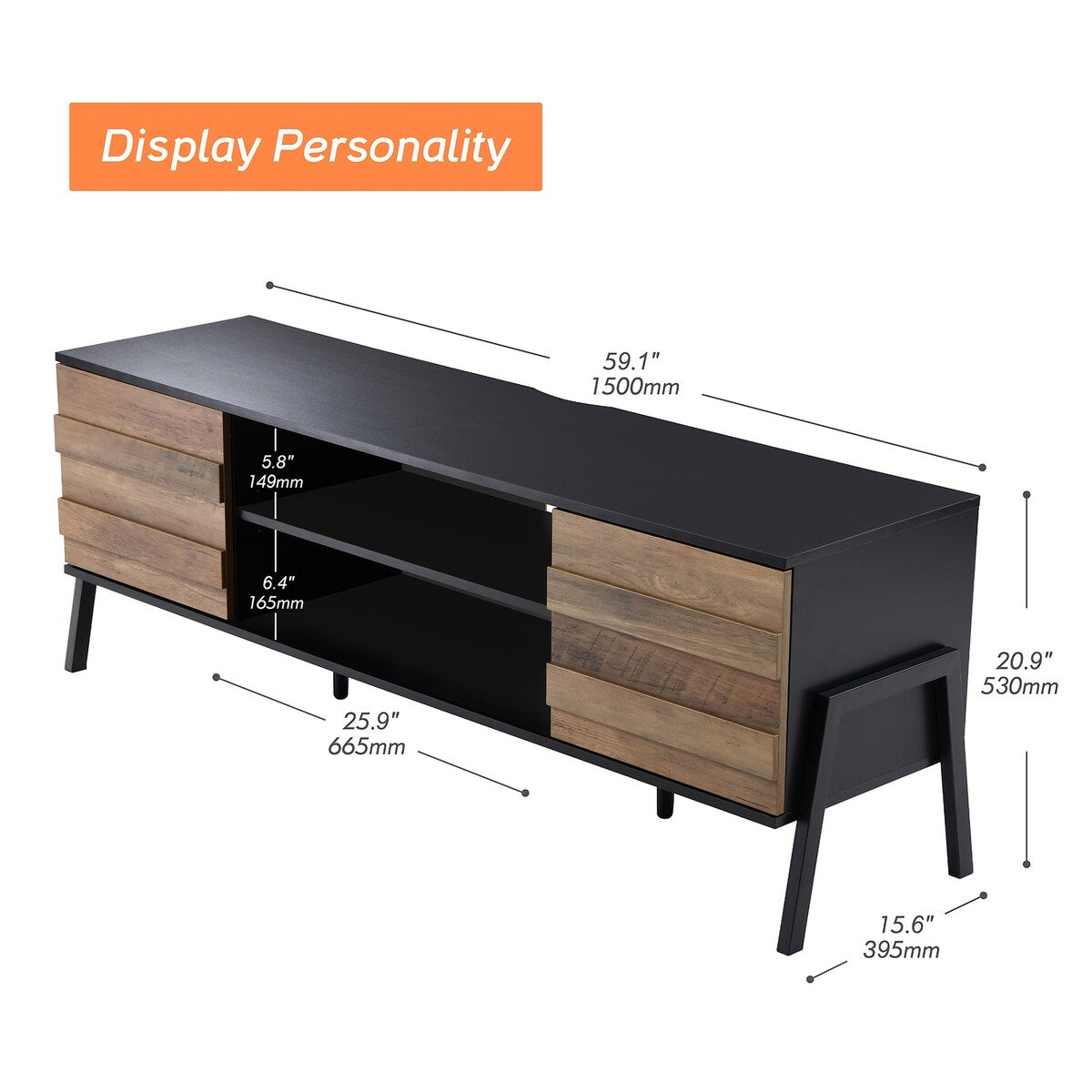 Mid-Century Modern TV Stand for up to 65'' Flat Screen, Wood, 59"