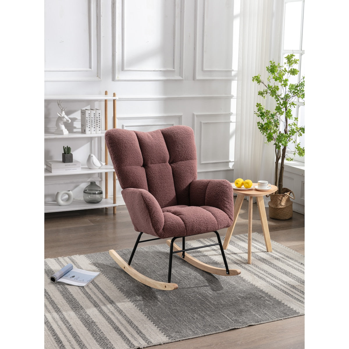 Mid Century Modern Teddy Fabric Tufted Upholstered Rocking Chair for Living Room Bedroom