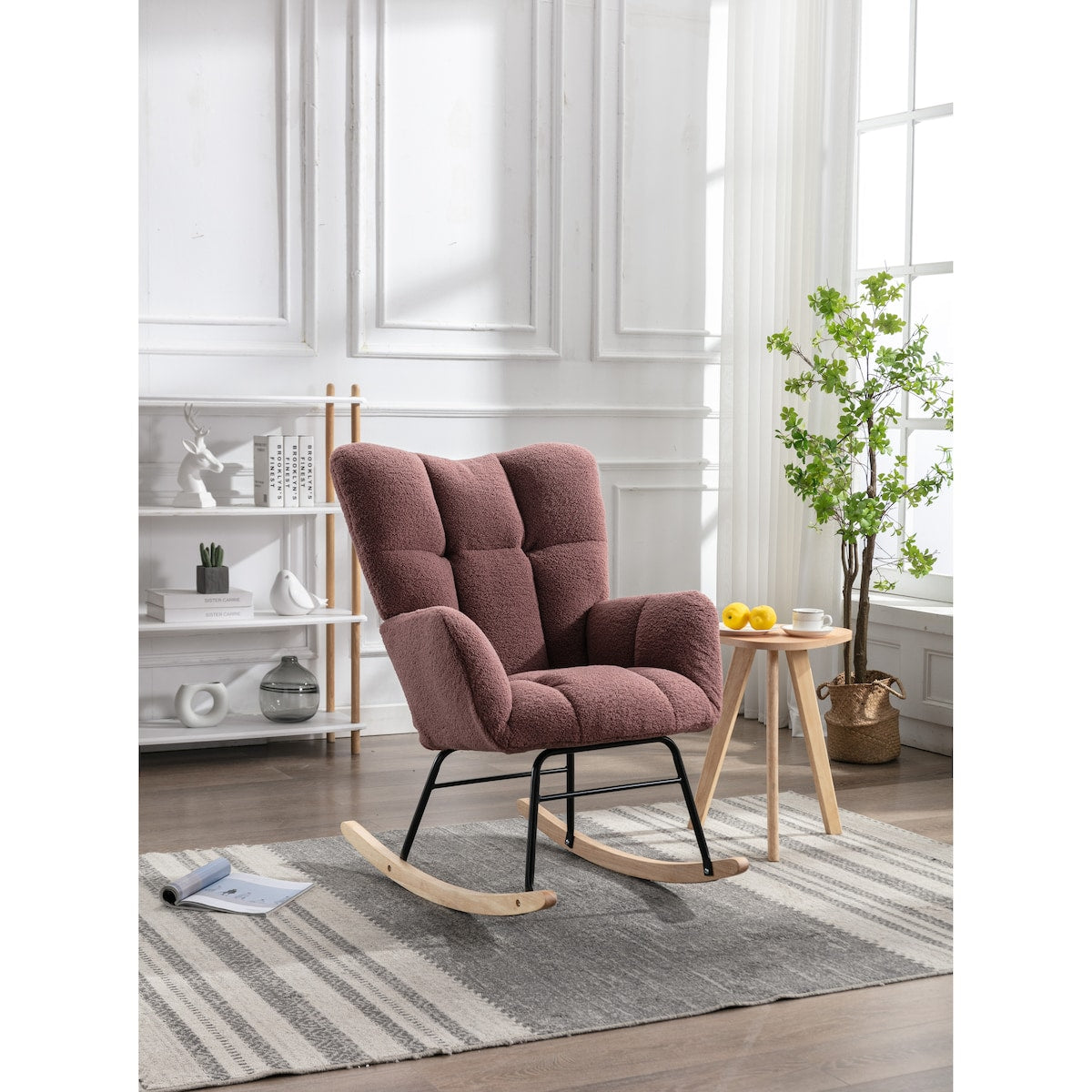 Mid Century Modern Teddy Fabric Tufted Upholstered Rocking Chair for Living Room Bedroom