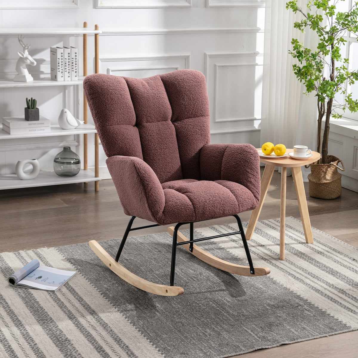 Mid Century Modern Teddy Fabric Tufted Upholstered Rocking Chair for Living Room Bedroom