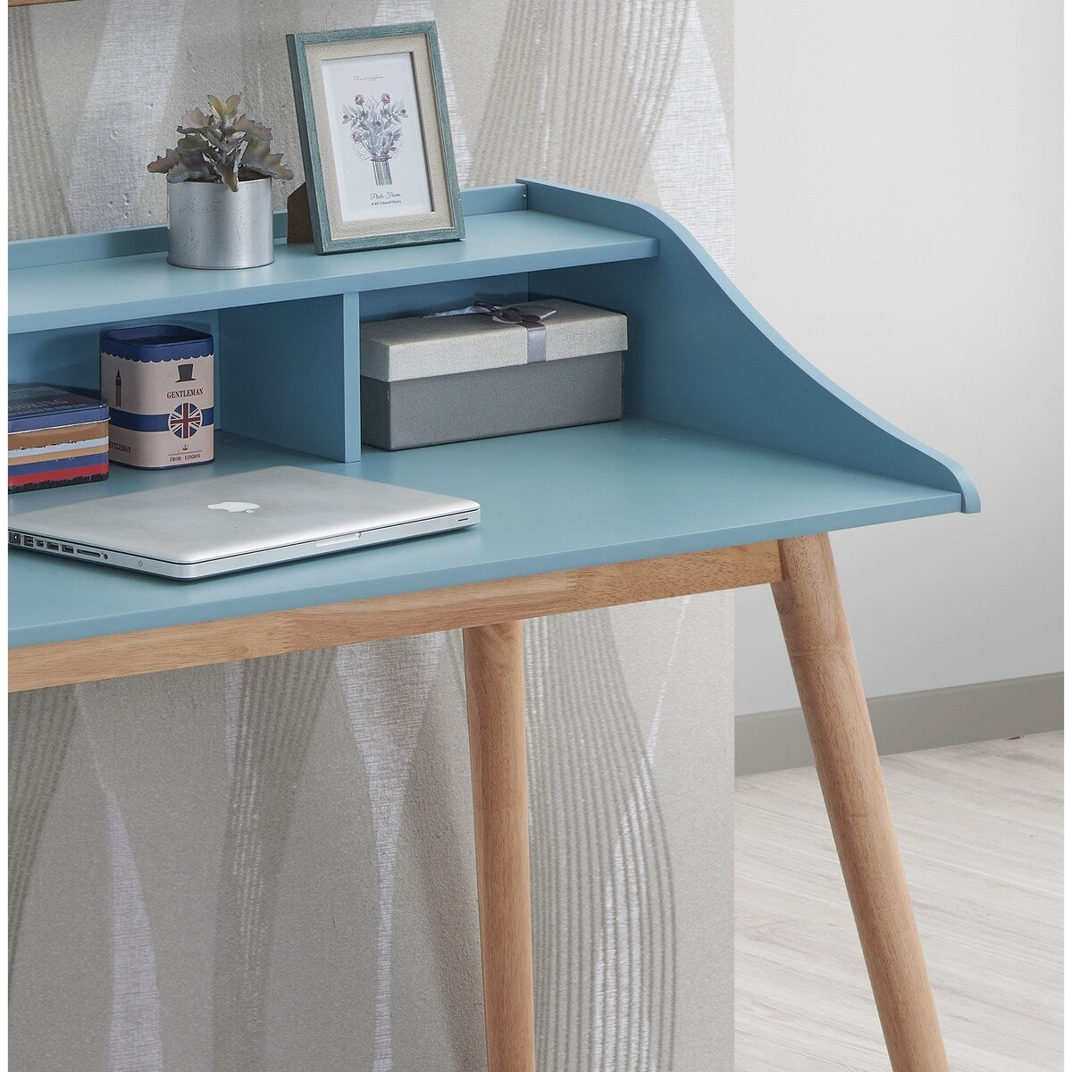 Mid-Century Modern Wood Writing Desk with Hutch, Blue