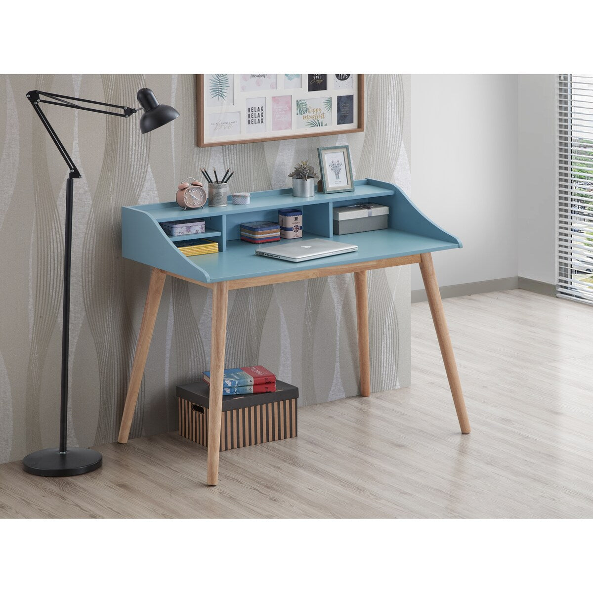 Mid-Century Modern Wood Writing Desk with Hutch, Blue