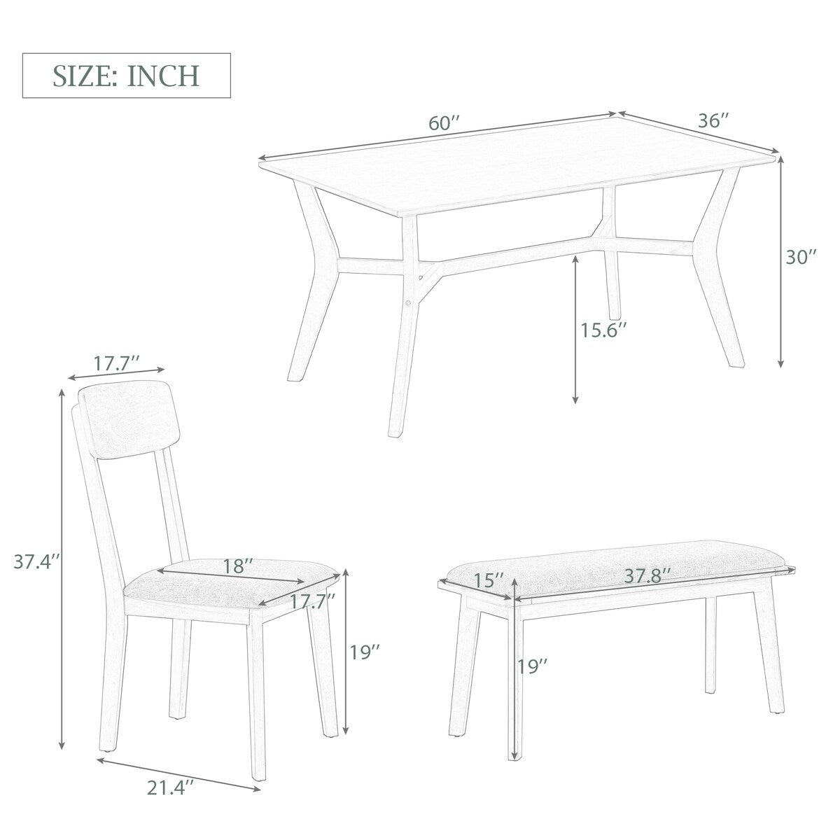 Mid-Century Style 6-Piece Dining Table Setwith Bench