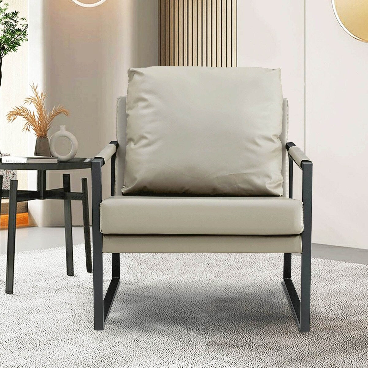 Mid Century Upholstered Armchair PU Leather Accent Chair with Metal Frame Extra-Thick Padded Backrest Sofa Chairs
