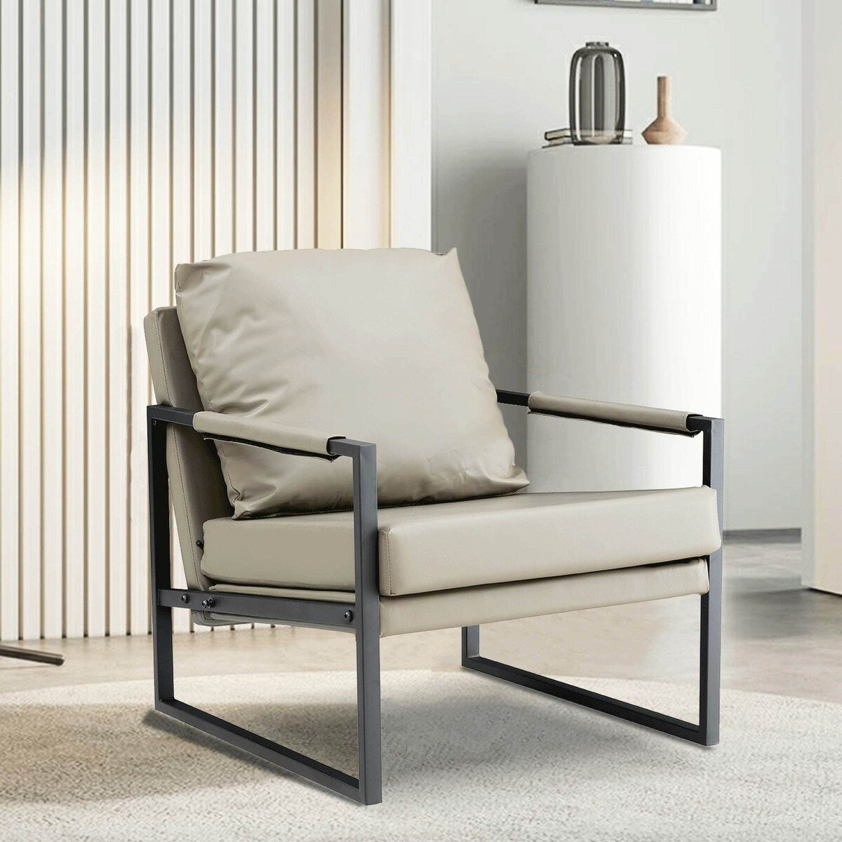 Mid Century Upholstered Armchair PU Leather Accent Chair with Metal Frame Extra-Thick Padded Backrest Sofa Chairs