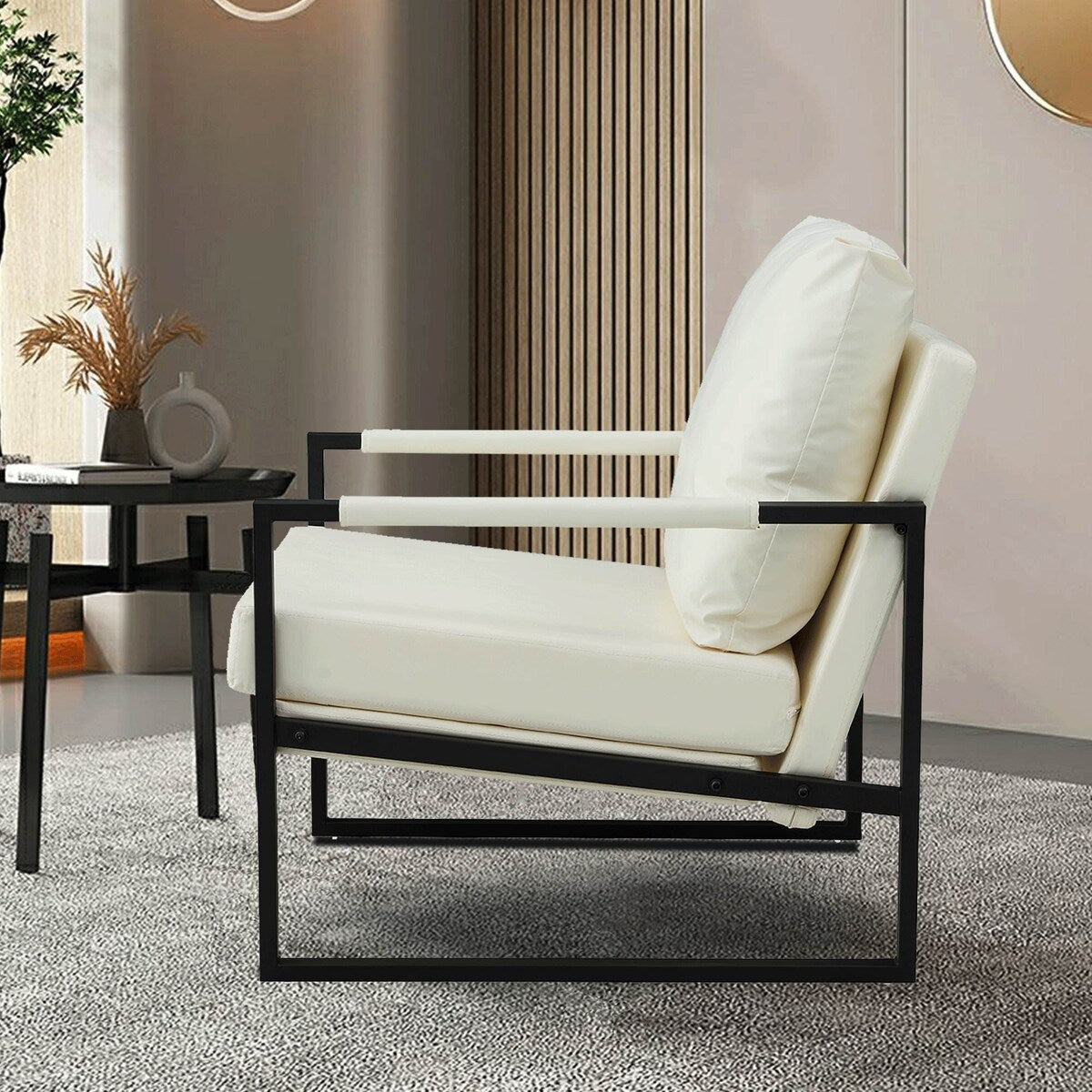 Mid Century Upholstered Armchair PU Leather Accent Chair with Metal Frame Extra-Thick Padded Backrest Sofa Chairs