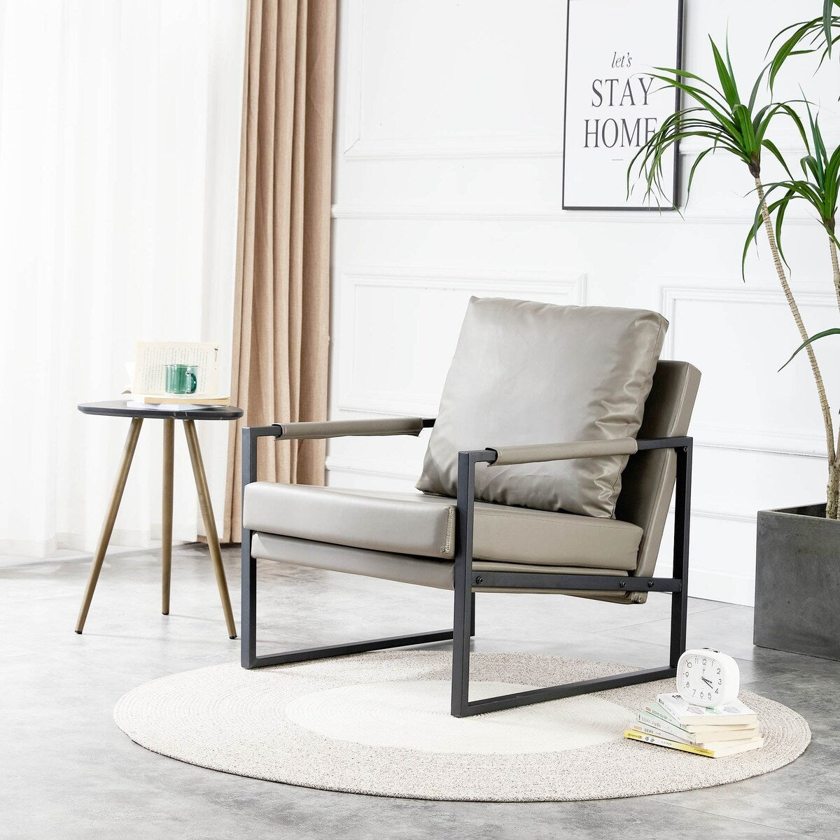 Mid Century Upholstered Armchair PU Leather Accent Chair with Metal Frame Extra-Thick Padded Backrest Sofa Chairs