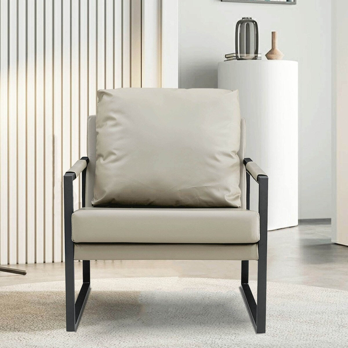 Mid Century Upholstered Armchair PU Leather Accent Chair with Metal Frame Extra-Thick Padded Backrest Sofa Chairs