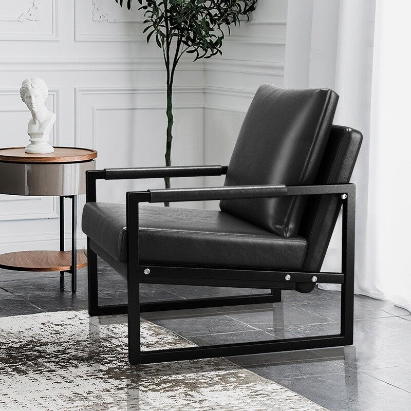 Mid Century Upholstered Armchair PU Leather Accent Chair with Metal Frame Extra-Thick Padded Backrest Sofa Chairs